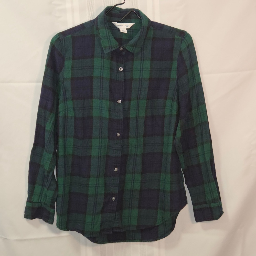 Old Navy Flannel Shirt Womens M Green Navy Plaid The Classic Shirt LS ButtonDown